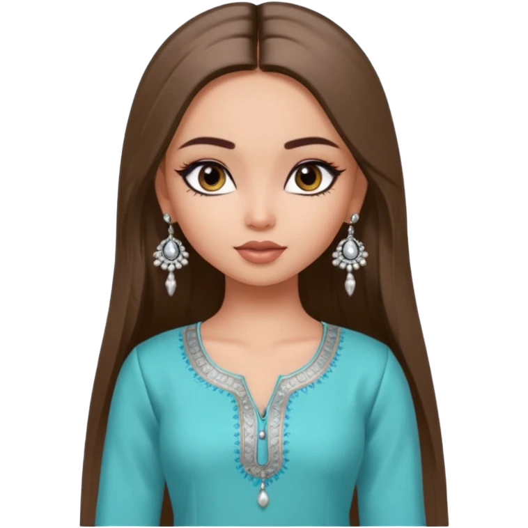 generate a pretty bratz girl wearing a kurti, eyeliner on, long straight hair, silver jhumkas in ear emoji