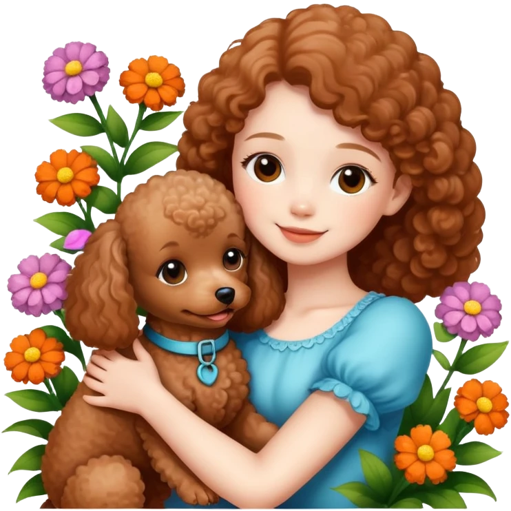 A beautiful girl happily hugs a brown toy  poodle in the flowers emoji
