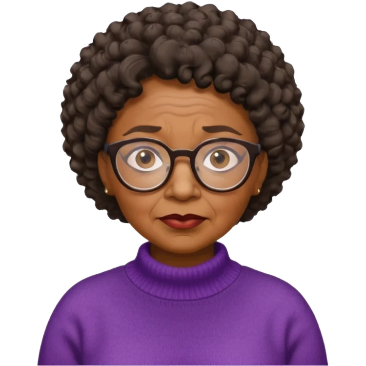 Old black woman, solemn, wearing glasses and sweater, short curly hair emoji