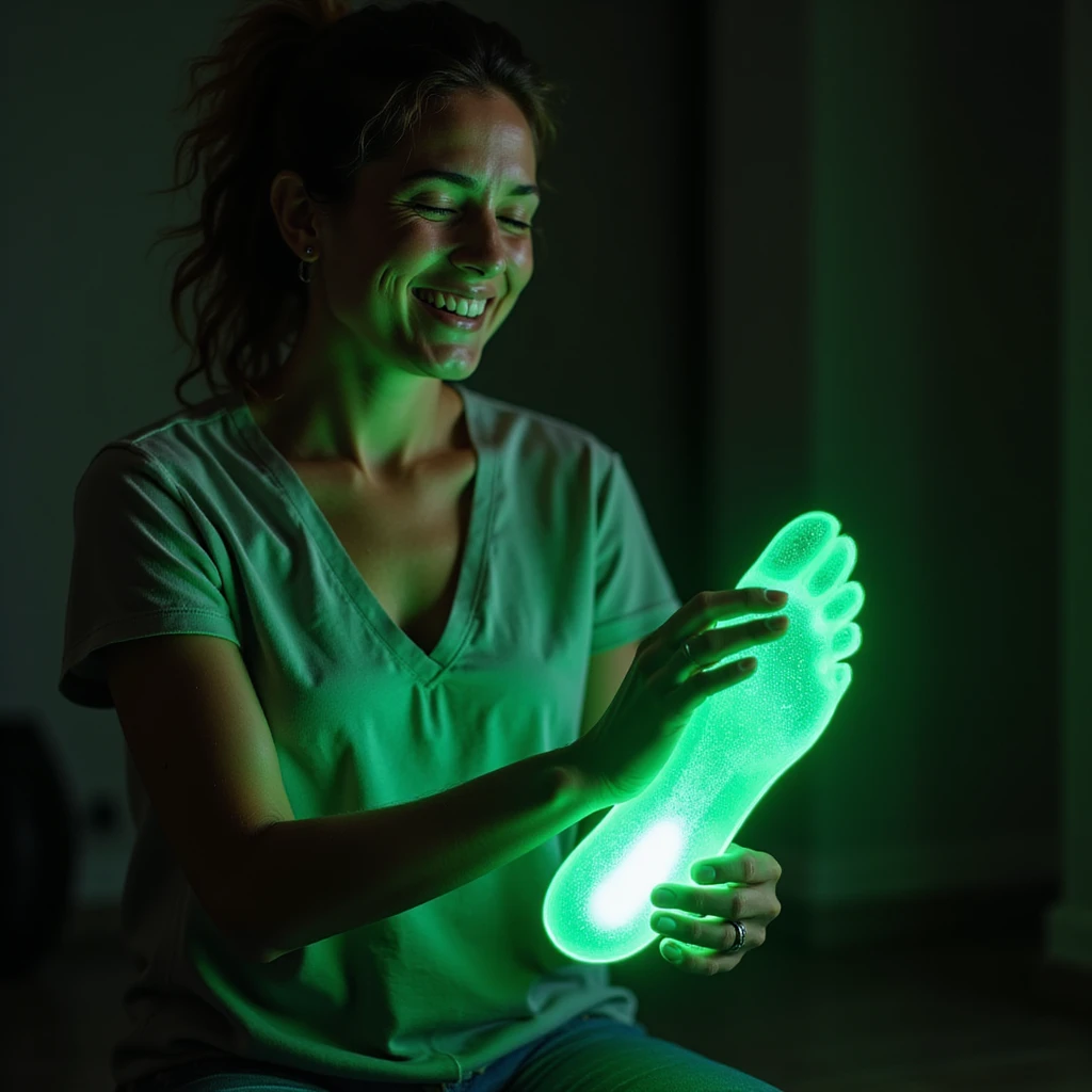 realistic style adult woman smiling showing relief on foot thanks to orthopedic insole, foot with glowing green halo symbolizing benefit, insole visible in shoe, bright environment emoji