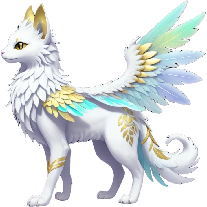 Ethereal White Iridescent Colorful Exotic White, Gold, Yellow, Silver, Beaked Feathery Nocturnal Neon-glowing Abyssal Lightly Heaven-Cat-Gryphon-Suicune-Nargacuga-Silvally-Vernid-Sergal-Fakémon-Hybrid-Creature with tufted tail (full body) emoji