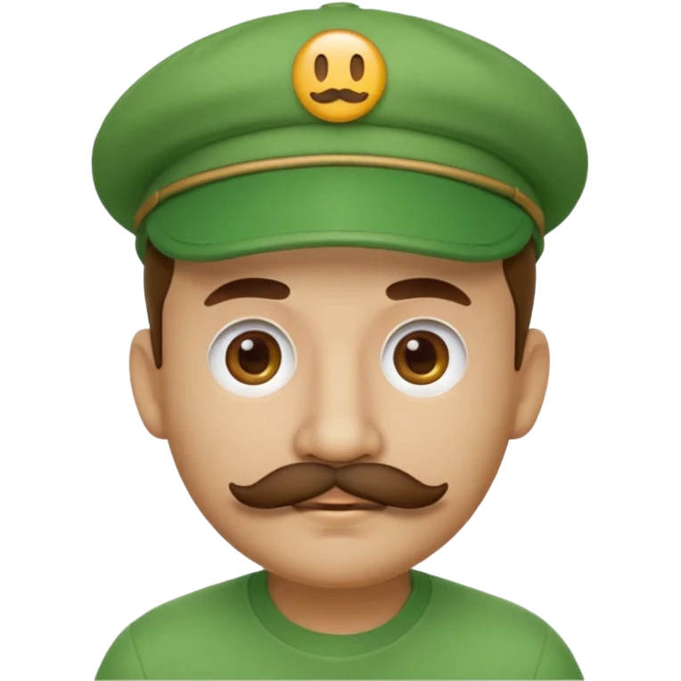 round emoji face with brown mustache and green cap with white circle emblem, 3D emoji style, 1:1
 emoji