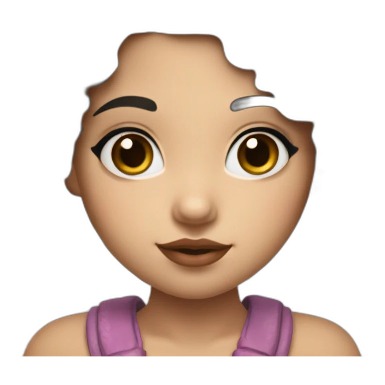 A cute Métis girl with a very clear complexion. She has black hair with large curls, which descend to her shoulders, and a pink lipstick on luscious lips. emoji