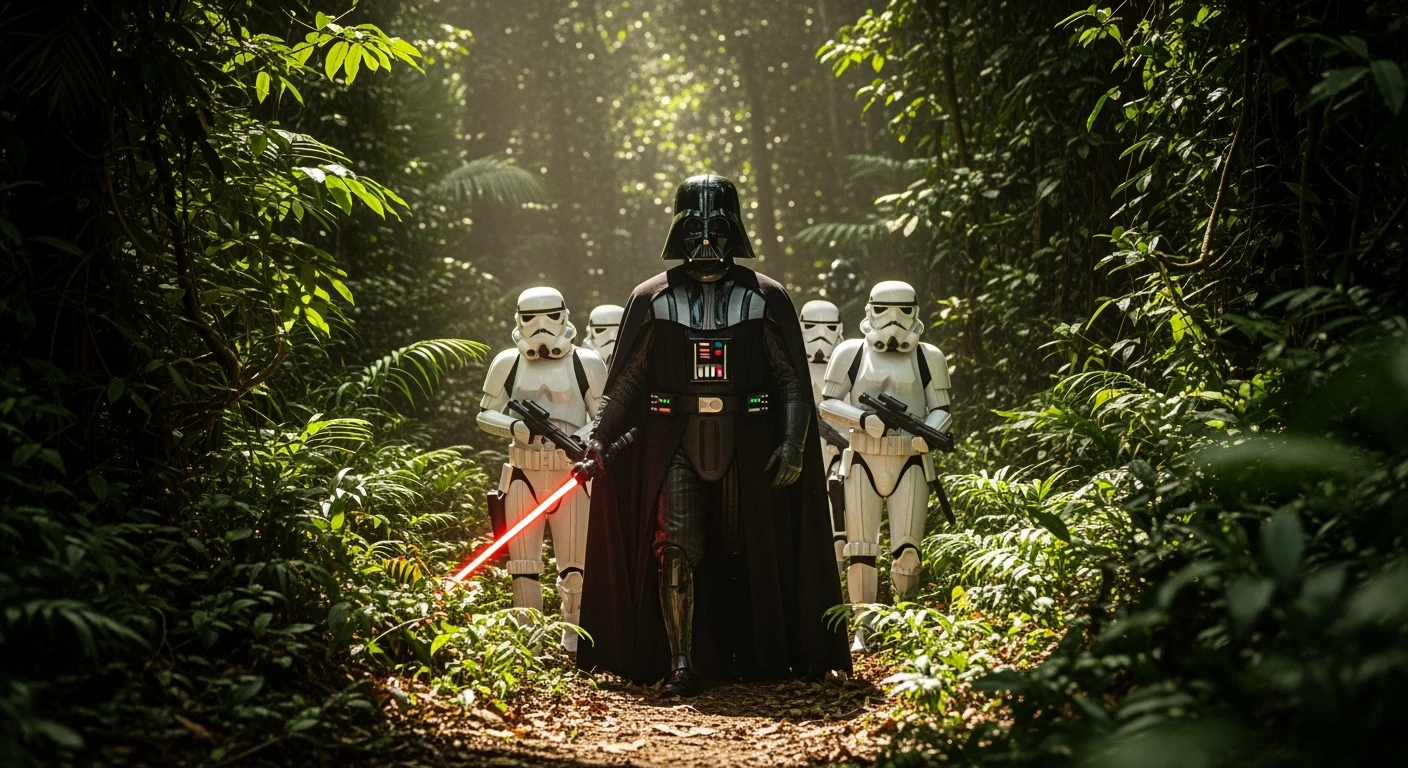 cinematic still, amazon jungle, well lit scene, Darth Vader around stormtroopers is exploring the jungle, close up, front shot, rule of thirds, captured by arri alexa emoji
