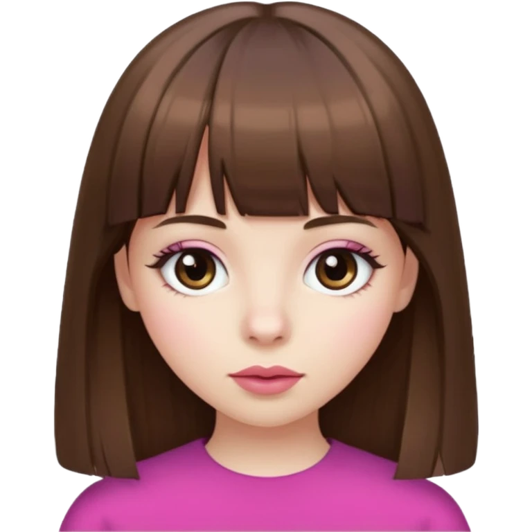 brown straight hair, bangs, big brown eyes, small nose, pale white skin, pink lips emoji