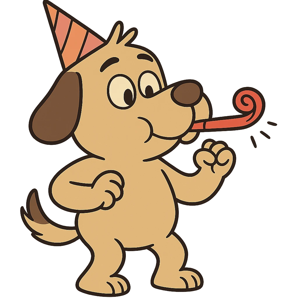a dog with a party hat blowing a noisemaker, cartoon style emoji