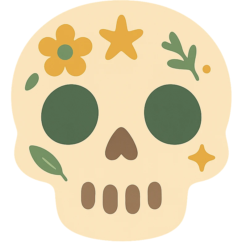 A cute and whimsical skull with a friendly expression, designed in a soft and charming color palette: golden orange (FA9B41), deep forest green (4A7C5C), warm taupe brown (96775A), and pastel peach (FFCC9A). The skull has rounded features and gentle curves, with big, expressive eye sockets that give it a sweet and non-threatening appearance. It’s decorated with floral patterns, tiny stars, or leaf motifs in the given colors, inspired by cozy or magical aesthetics. The background is softly lit, adding to the gentle and enchanting mood, making the skull feel more like a magical companion than something spooky. emoji