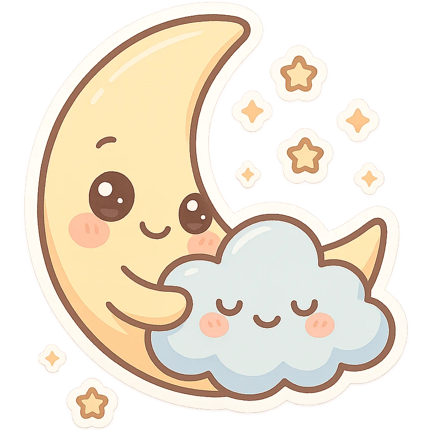 smiling crescent moon, pastel palette, big eyes, blushing cheeks, chibi style, surrounded by tiny stars, holding a cloud pillow emoji