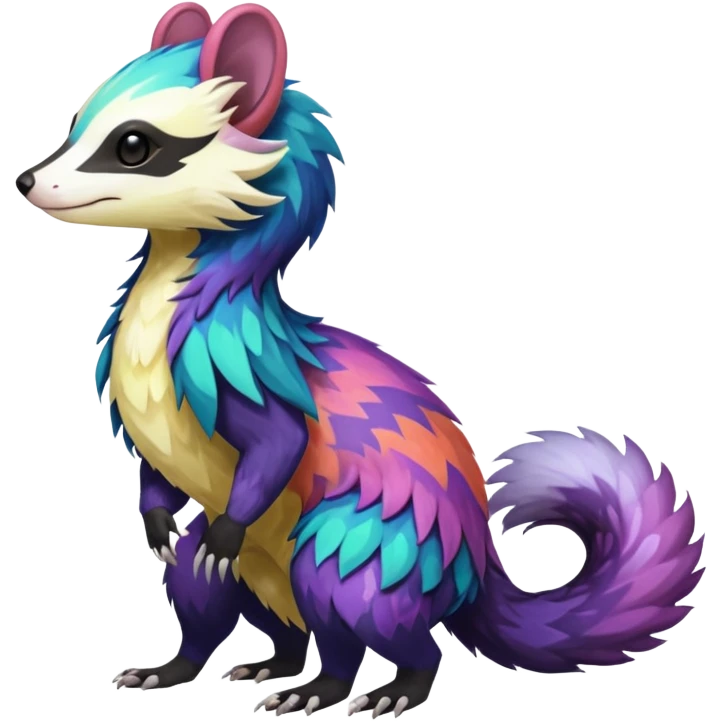 Colorful diaphanous Trico-Sergal-Skunk-Ferret-Furret-Marsupial-Vernid-fusion-Fakemon-animal-hybrid-creature, full body emoji