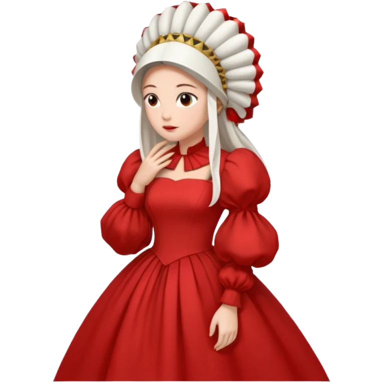 mujer de perfil con un vestido rojo de manga y falsas largas y voluptosas, y una toca blanca GRANDE que cubre su cara de perfil emoji