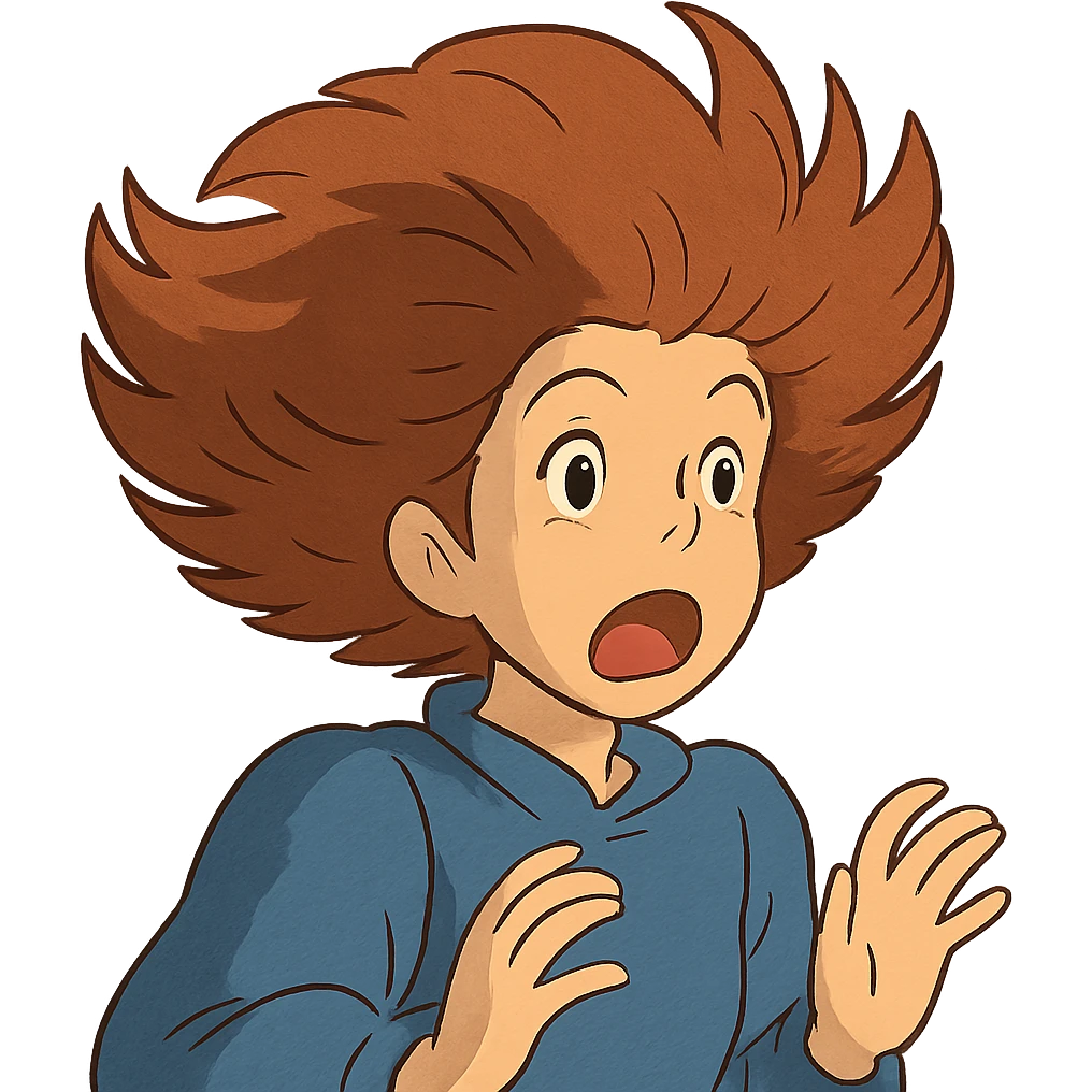 ghibli style character gasping with a dramatic wig emoji