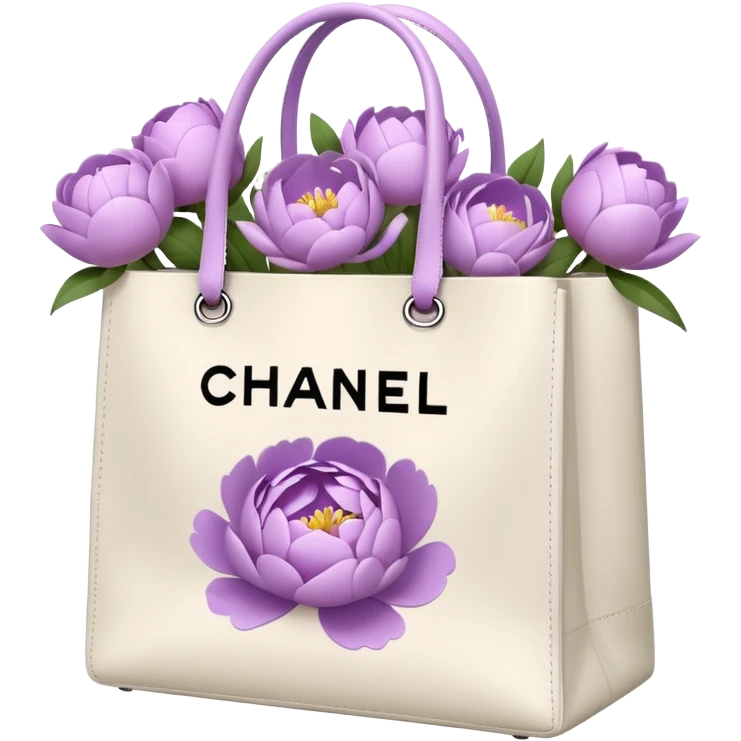 Realistic white chanel shopping bag with lilac peonies in it emoji
