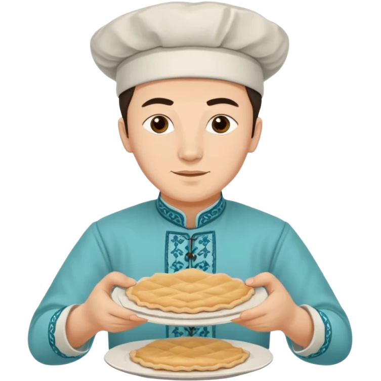 tatar young man with national outfit making cheburek emoji