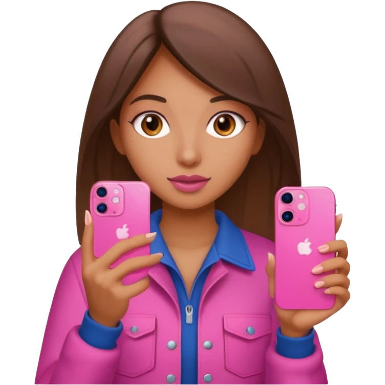chica "baddie" con un iphone 13 rosa en la mano como sacando foto emoji