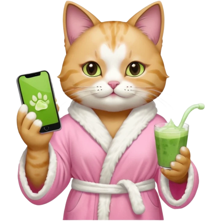 I want a CAT whit a iced macha on her paw and i want her to ne wearing a pink bath rope And she will have a face mask on her face and phone on the opisite paw whit the macha emoji