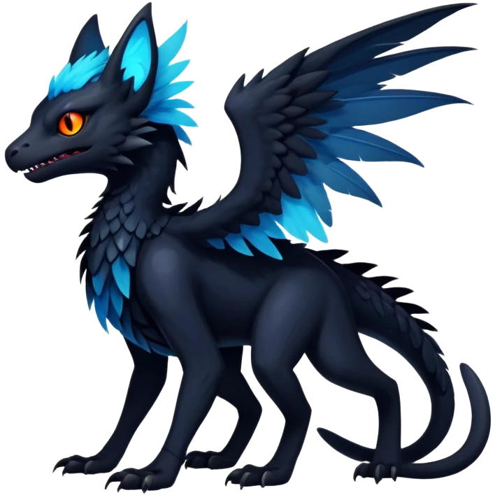 Black Dark Exotic Beaked Feathery Nocturnal Neon-glowing Abyssal Nightly Abyss-Cat-Gryphon-Salandit-Nargacuga-Silvally-Fakémon Creature (full body) emoji