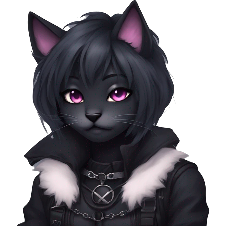 Gorgeous furry gothic dark techwear anime style anthro black cat furry sona with blushing face aesthetic and pretty edgy black with collar and harness trending style emoji