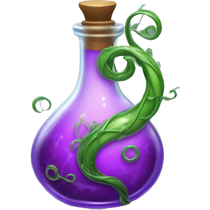 A glass potion bottle, filled with swirling purple liquid inside, that has beautiful twisting green vines wrapping around the outside of the bottle emoji