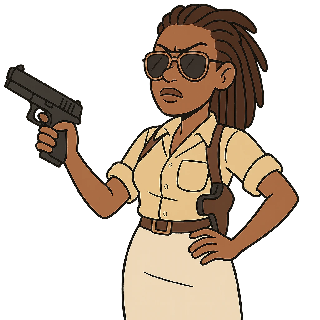 black female detective with dreadlocks, wearing aviator sunglasses, white skirt, shoulder holster, cartoon style emoji