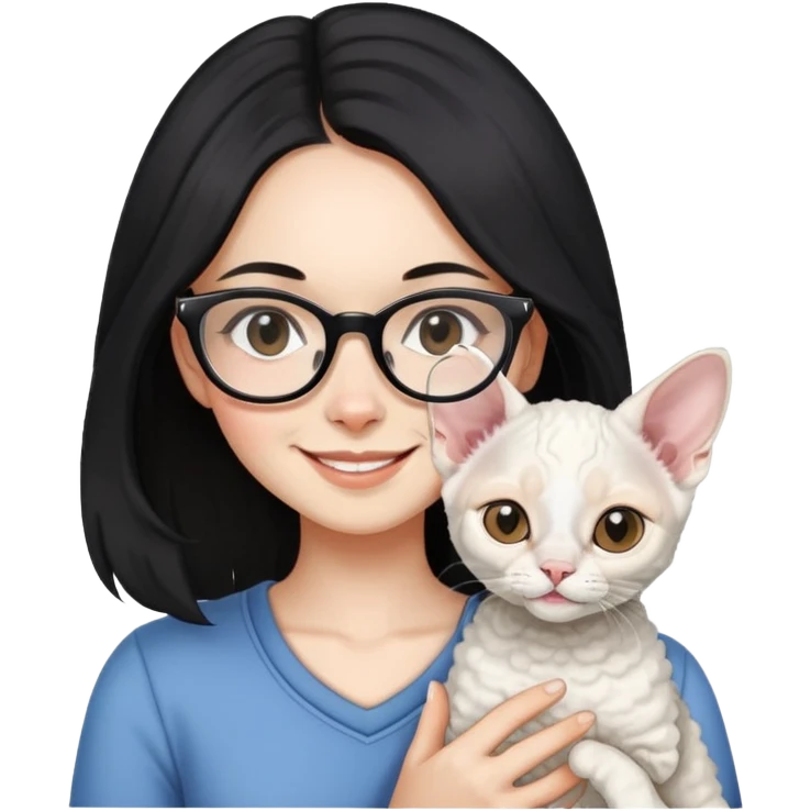 A girl with long black hair and glasses is smiling and holding a white Devon Rex emoji