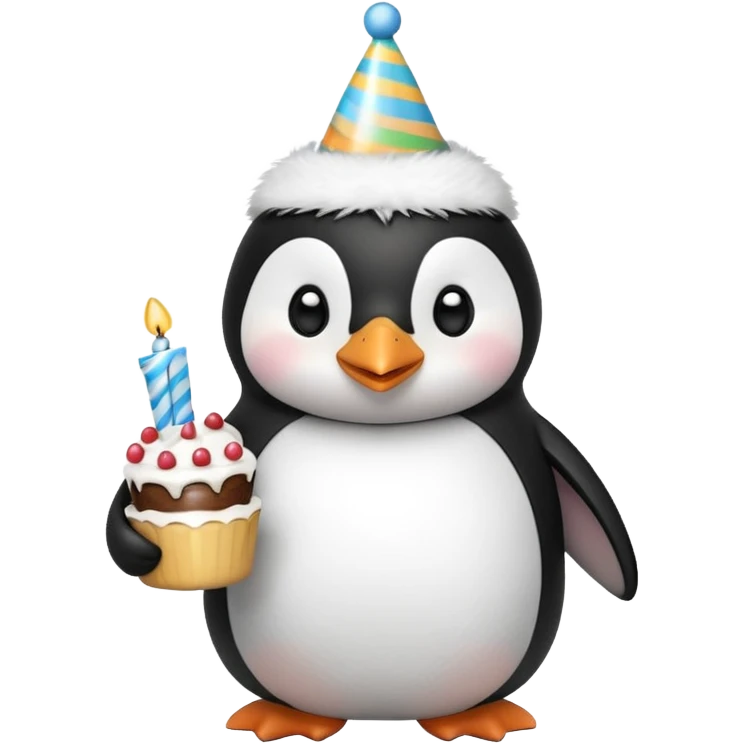 cute penguin with birthday hat hold a birthday cake in both arms emoji
