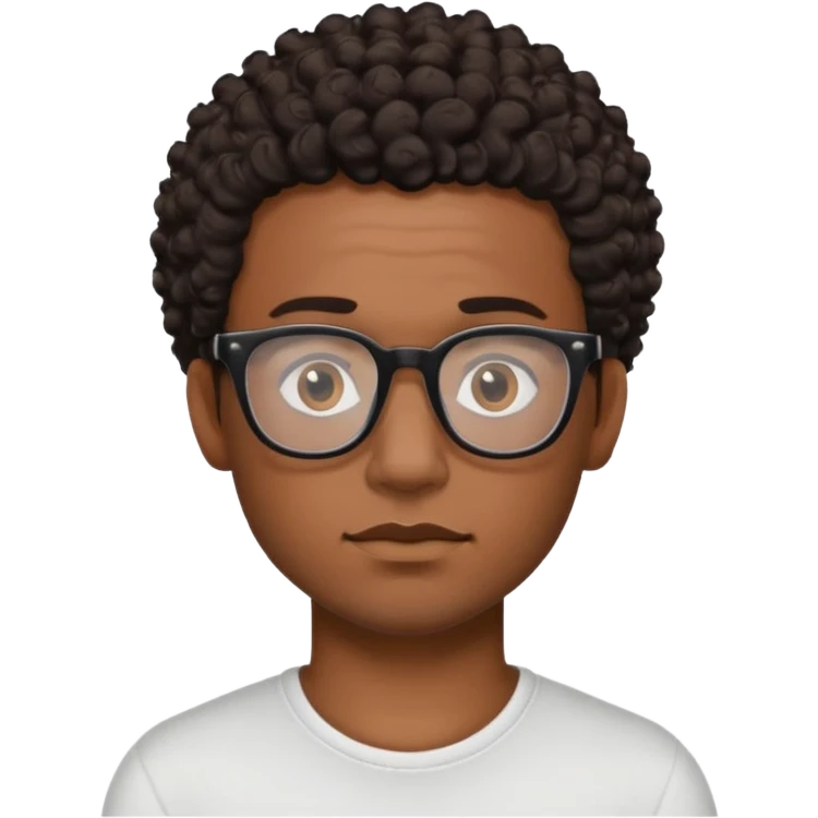 black man with short dark brown curly hair, black glasses, small tattoo on neck emoji