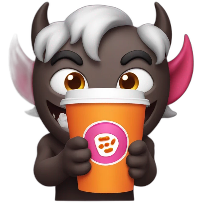 a demon holding a dunkin donuts coffee cup emoji