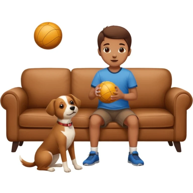 kid and dog playing with ball, living room background emoji