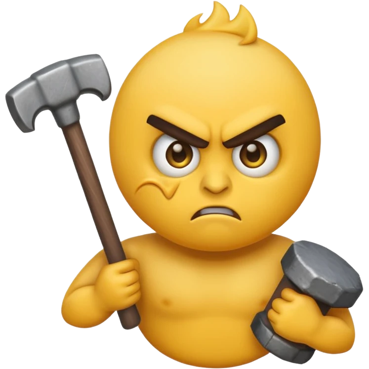 yellow round emoji with wild angry eyes holding a sledgehammer emoji