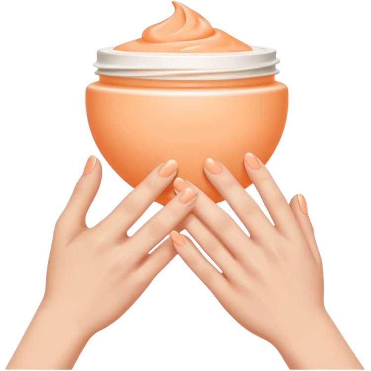 Minimal emoji of hands gently applying skincare cream, soft nude and peach tones, clean beauty aesthetic, calm and elegant, subtle glow emoji
