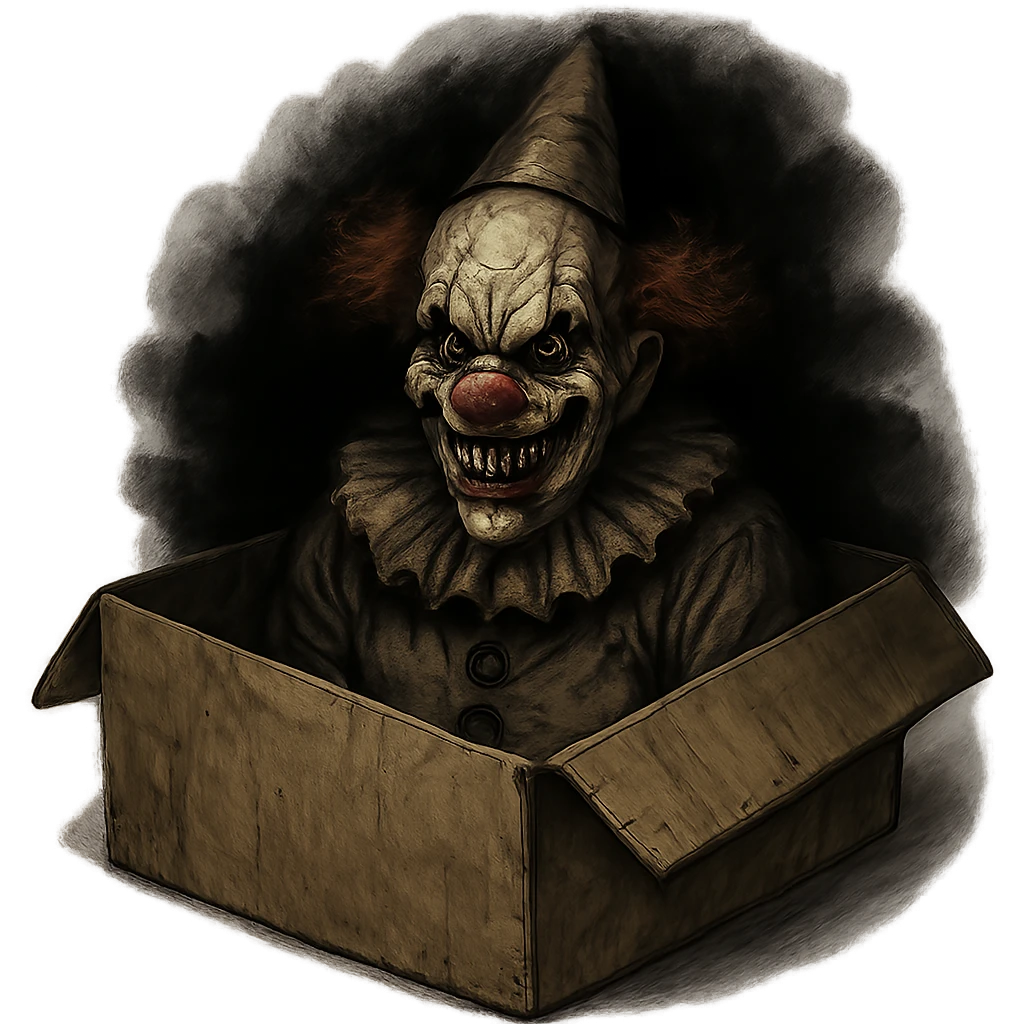creepy clown sitting inside a cardboard shipping box, wide grin, eerie eyes, shadows emoji