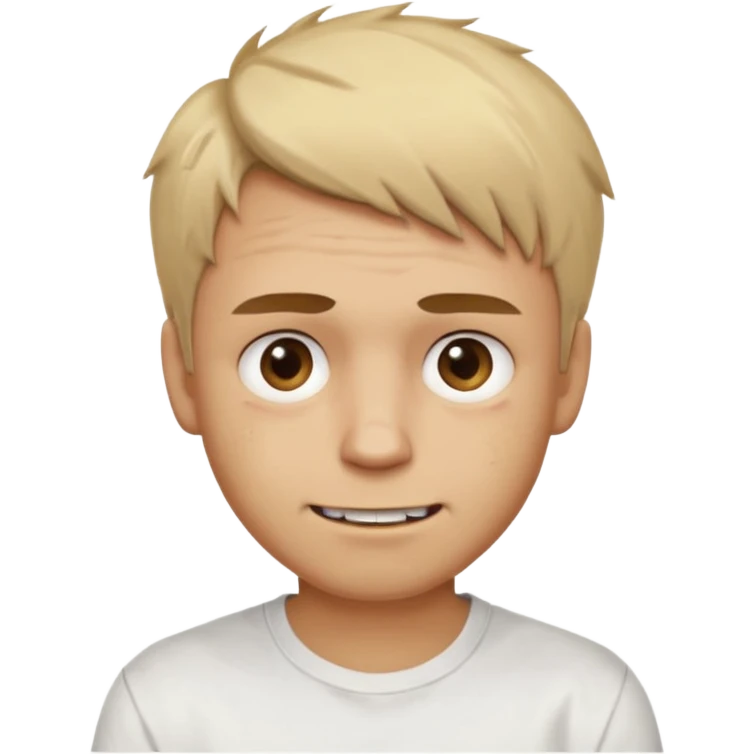 Male with short, messy blonde hair, large expressive golden-brown eyes, light brown skin, subtle facial bruises and scratches, crooked smile showing slightly damaged teeth, wearing a plain white t-shirt, friendly but creepy expression. emoji