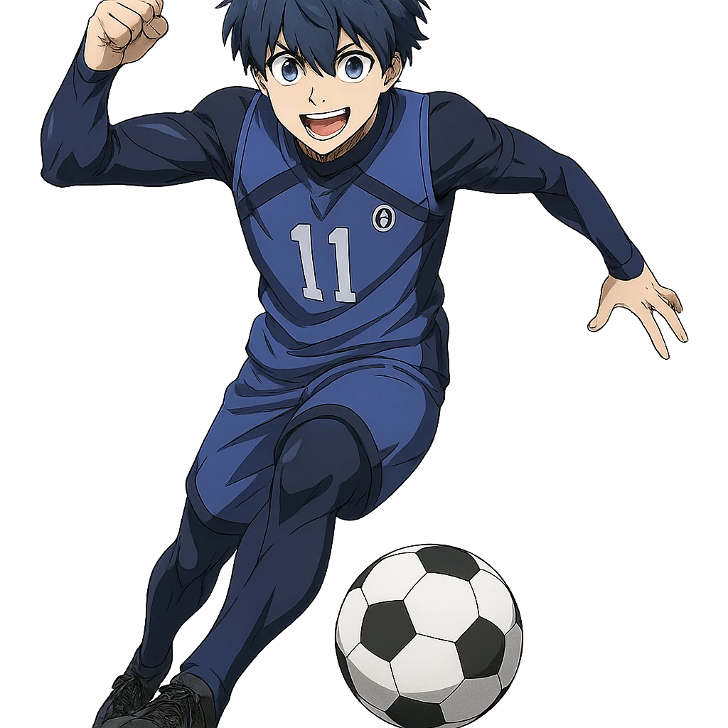 Isagi Yoichi, blue-haired soccer player, anime style, energetic pose emoji