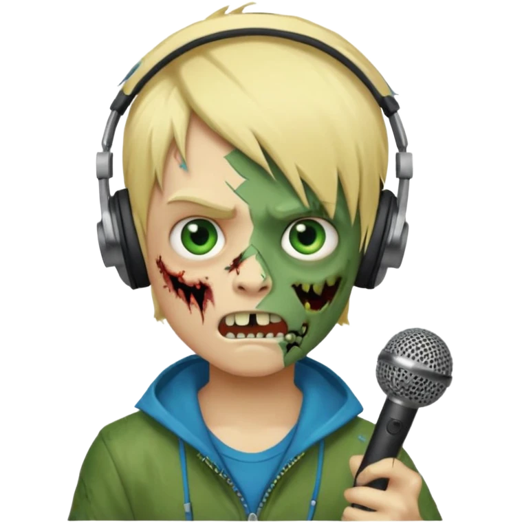boy zombie whit blonde emo hair and eyes blue and GREEN SKIN and heandphones AND A MICROFONE AND GOLD TEETH and agesive face emoji