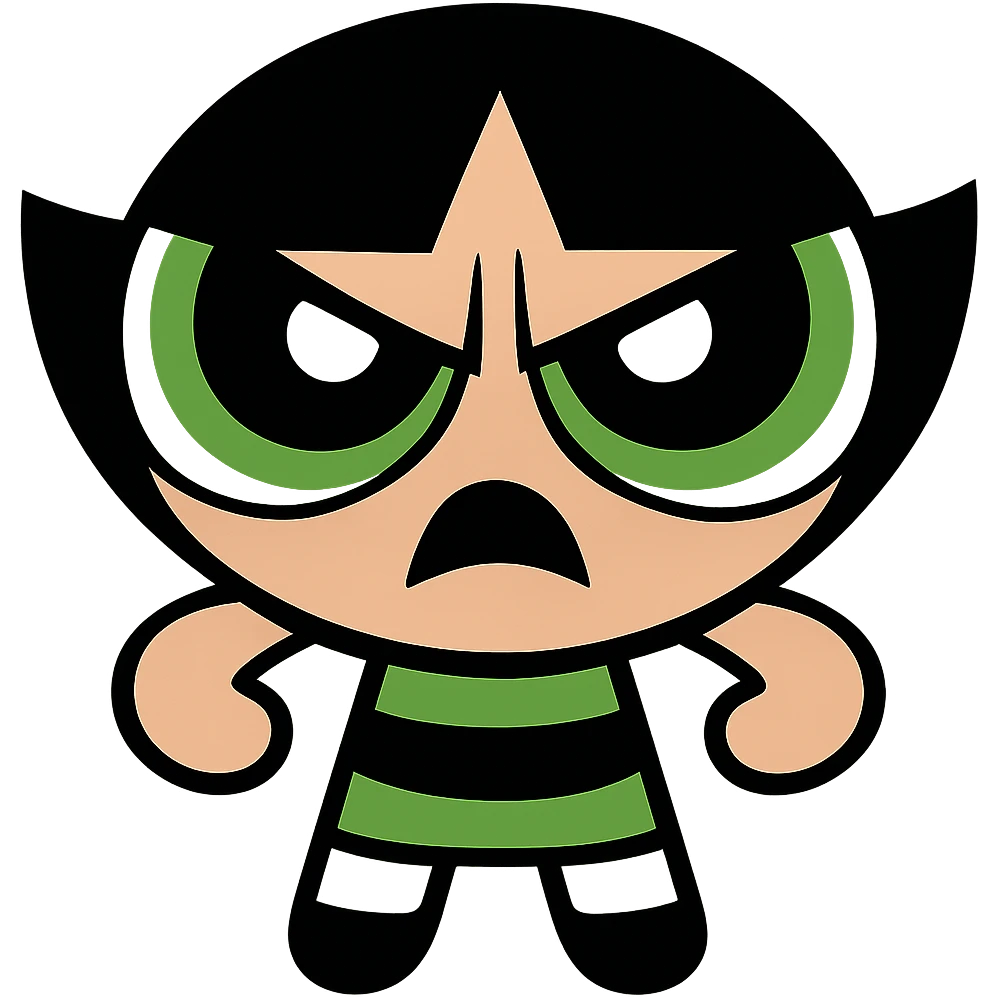 Buttercup, cartoon girl with short black hair and big eyes, inspired by Powerpuff Girls, scary intimidating face, vibrant cartoon style emoji