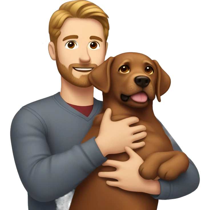 Red Labrador giving brown haired man a hug no facial hair emoji