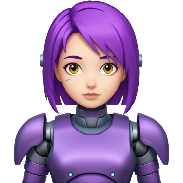A woman with purple hair and a robot armor emoji