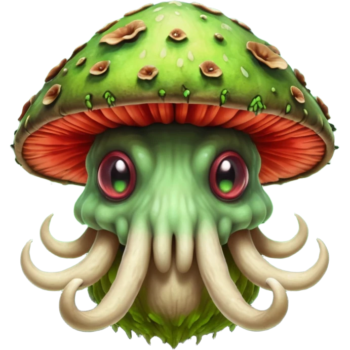 poisonous mushroom beast portrait, head and shoulders only, creature made mostly of mushroom flesh, thick mushroom cap head, layered fungal textures, toxic green spore glow, animal-like eyes, fantasy monster pet vibe, 3D cartoon, mobile game icon style, clean background, no text, no watermark

 emoji