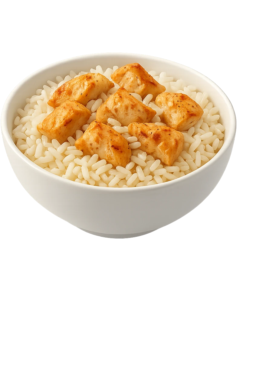 bowl bianca che fluttua in aria con riso e pollo emoji