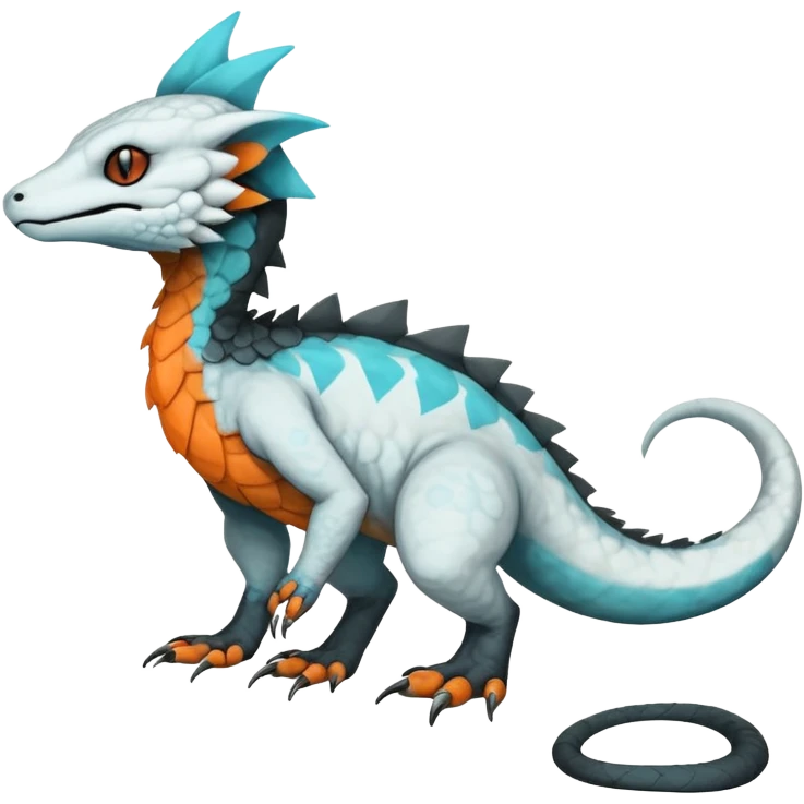 Rare realistic exotic cute white gloomy whitish and orange and cyan epic pretty beautiful handsome gorgeous aesthetic colorful vibrant Vernid-Trico-species-Fakemon-Salandit-hybrid-creature by LiLaiRa, 4 legs, 1 tail, random markings, (full body) emoji