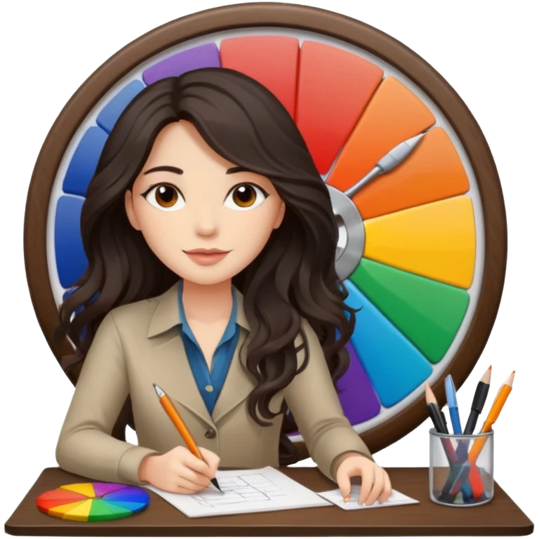 female dark wavy long hair graphic designer , big color wheel behind , pens, papers, desktop emoji