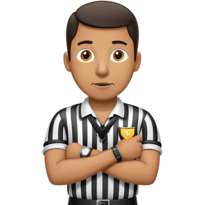Referee with a whistle in his mouth and arms crossed looking at his watch emoji