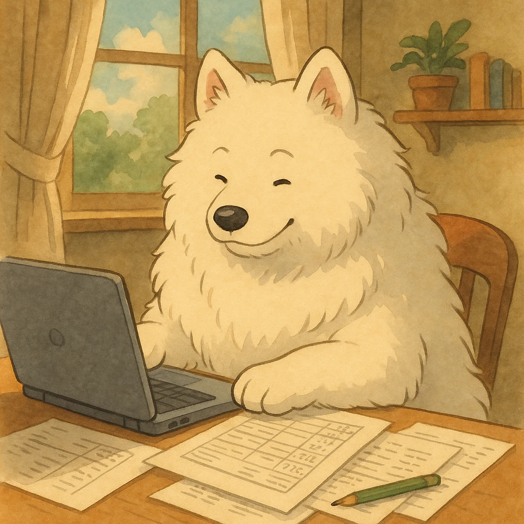 Samoyed doing taxes on a laptop emoji