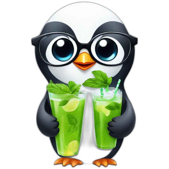 baby penguin with big glasses drinking mojito emoji