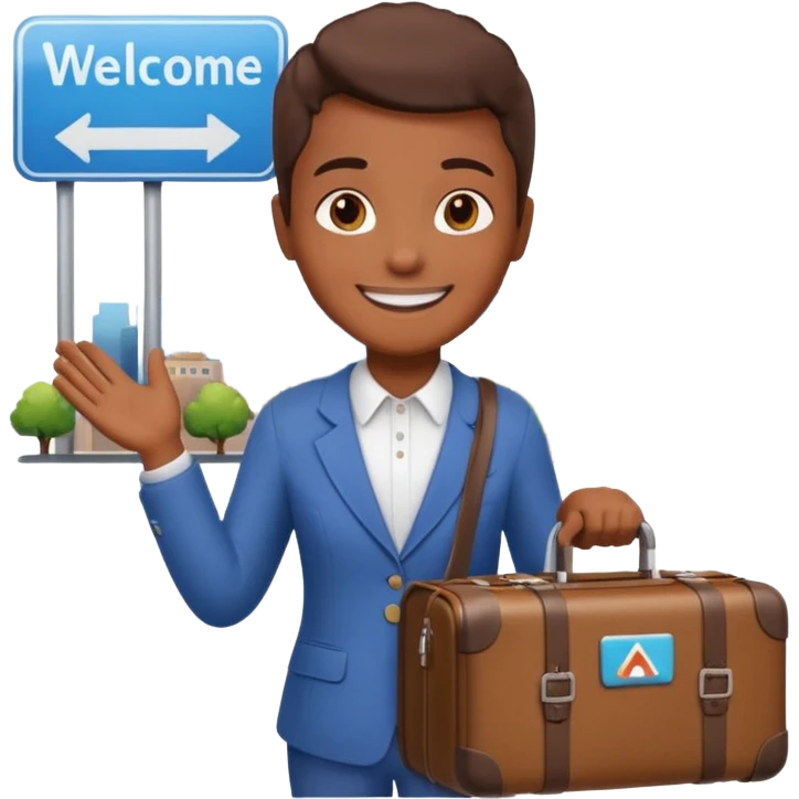 a person with luggage next to a city welcome sign, friendly and vibrant emoji style emoji