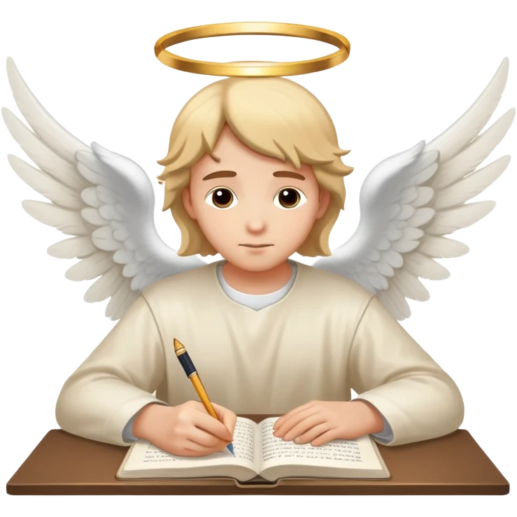 Person writing essay with "Dear God" with halo and angel wings emoji