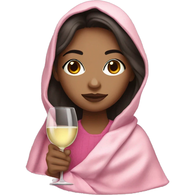 a girl with light skin and dark hair and a glass of white wine wrapped in a pink blanket emoji
