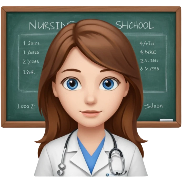 university classroom that says nursing school on the blackboard with a pretty female nursing student with long brown hair, blue eyes emoji