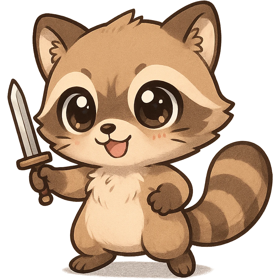 adorable manga raccoon with a small sword, chibi style, big eyes, cute expression emoji