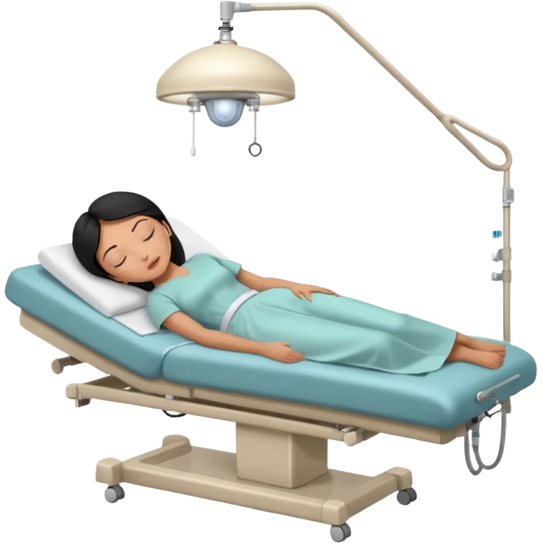 A black-haired woman in her 50s lying on an examination bed with eyes closed, shown in a wide, full-body shot in a clean colonoscopy procedure room. Only the patient is visible. emoji